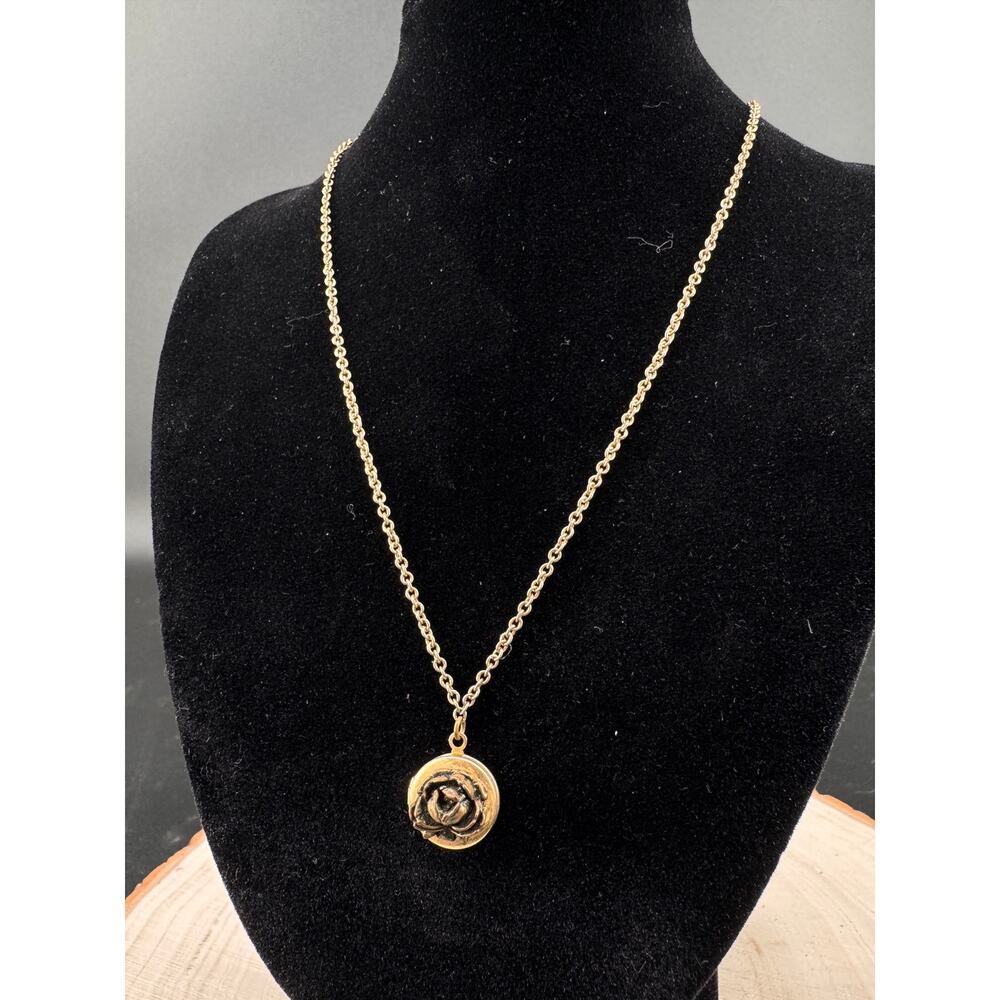 Vintage 1928 Locket Necklace Gold Tone Rose Floral Pendant 15” Chain